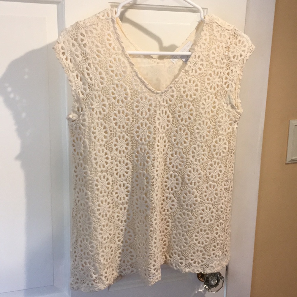 Cap sleeve top; knit/crochet overlay